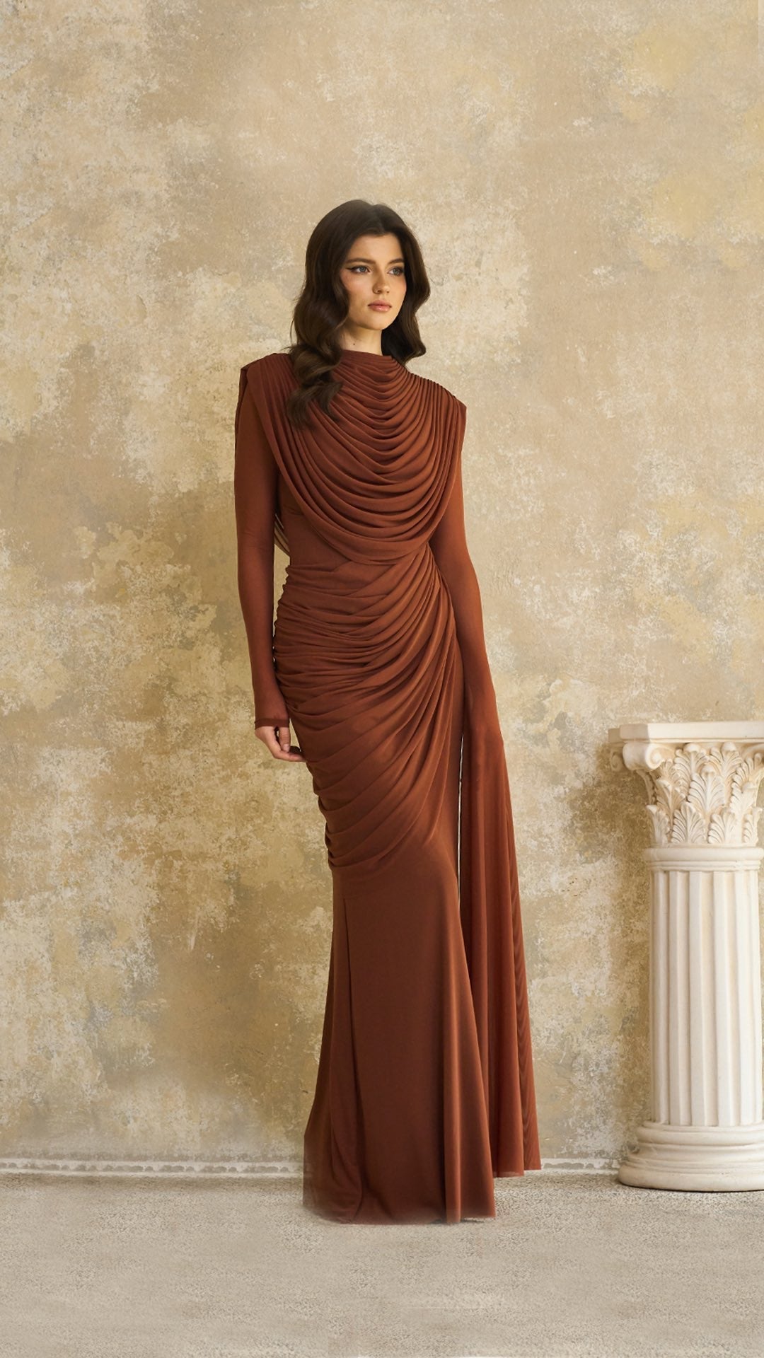 Brown Shirred-effect Draped Maxi Dress