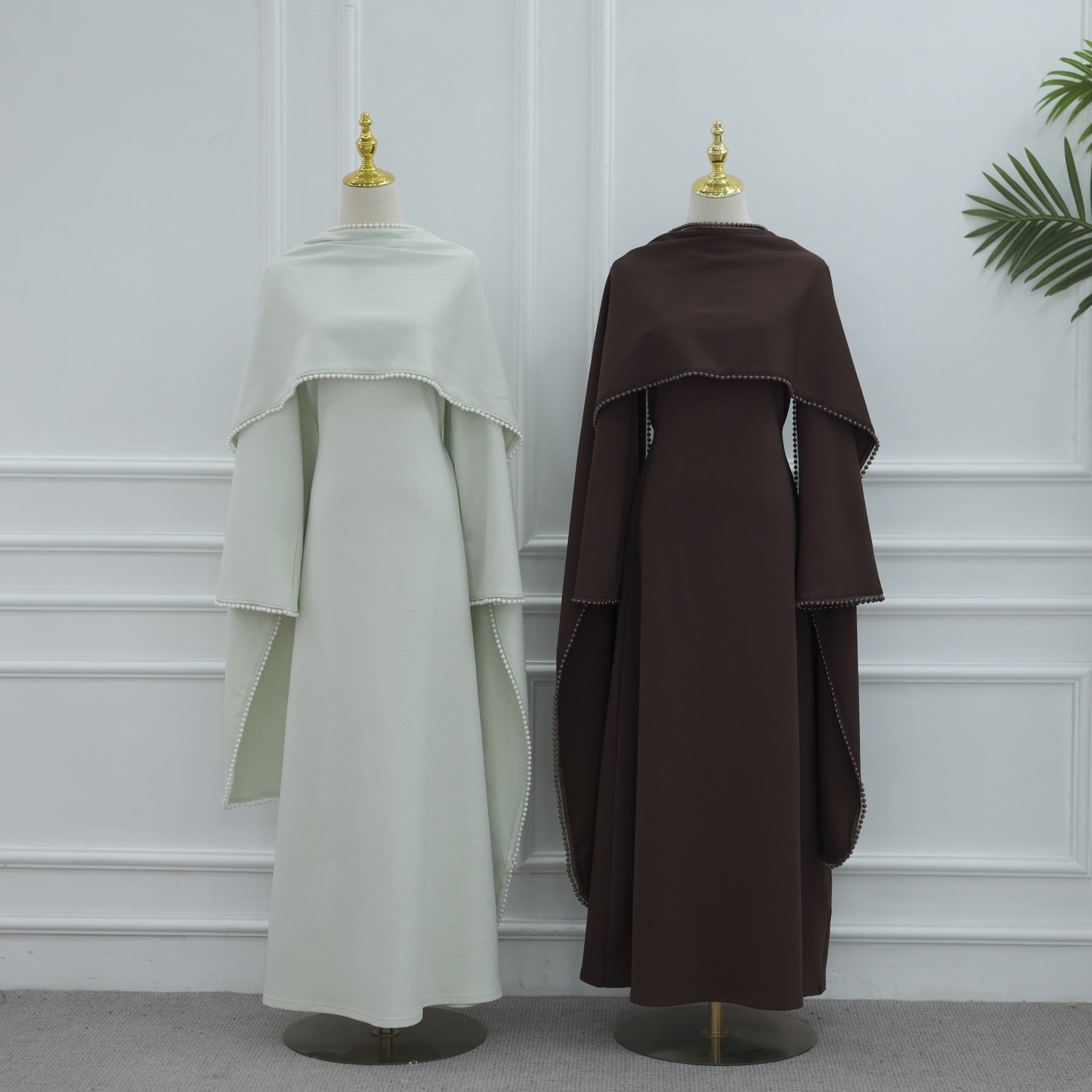 Muslim Women Abaya Dress Pearl Embellished Shawl Cape
