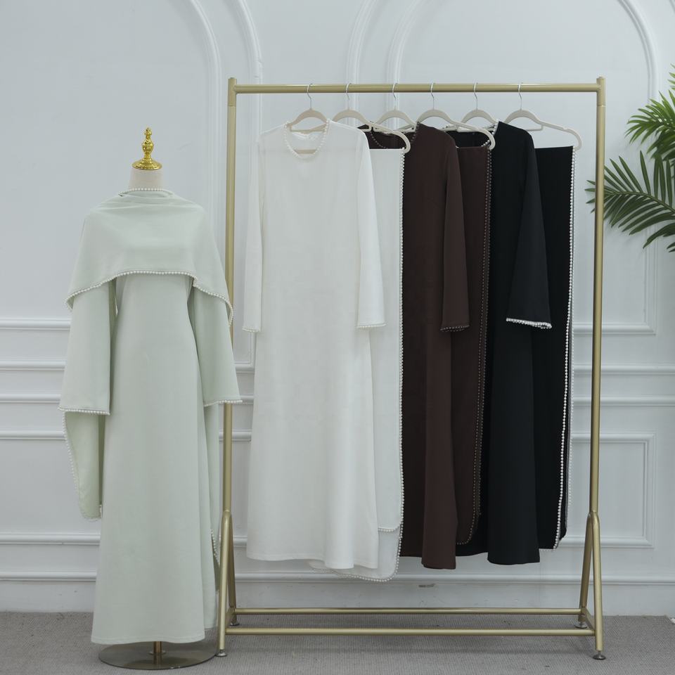 Muslim Women Abaya Dress Pearl Embellished Shawl Cape
