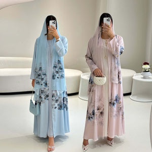Chiffon & Satin Printed Abaya with Hijab