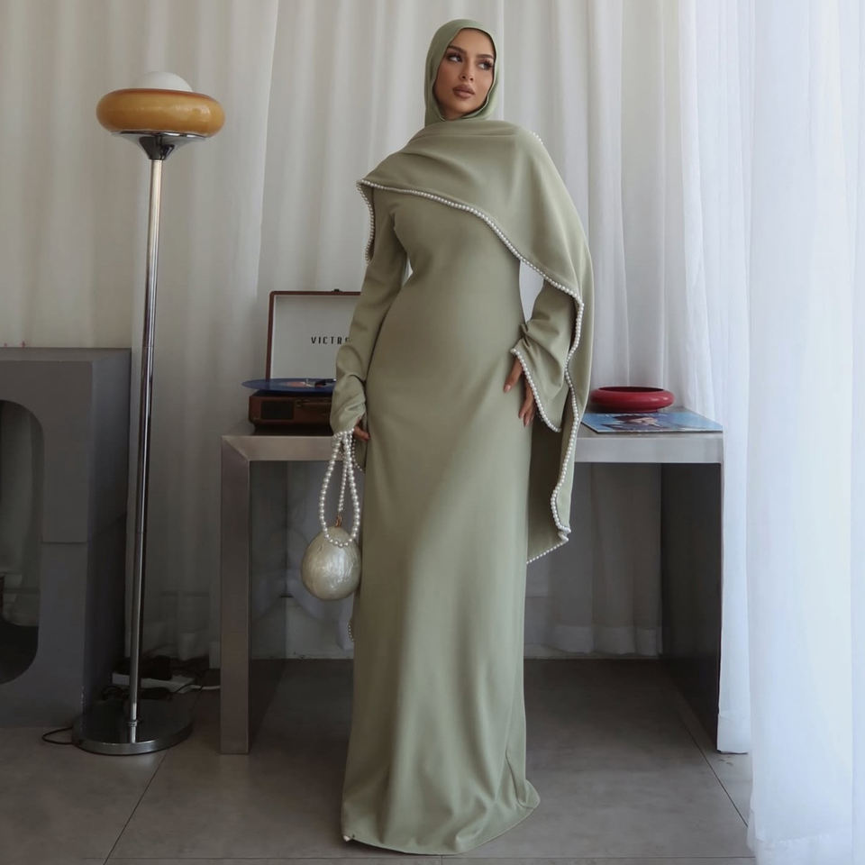 Muslim Women Abaya Dress Pearl Embellished Shawl Cape