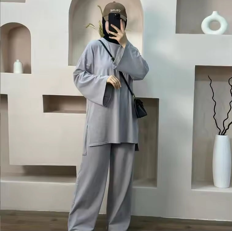 New Design Muslim Activerwear 2Pcs Hijab Long Top and Pants