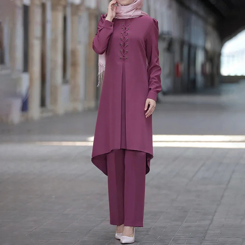 Muslim Women Long Tops Islamic Sets Women Muslim Pants Abaya Dubai 2020 Turkey Outfit Ramadan Prayer Clothes 2 Piece Set